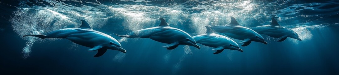 Naklejka premium Underwater Dolphins Swimming in Clear Ocean Water. Generative AI