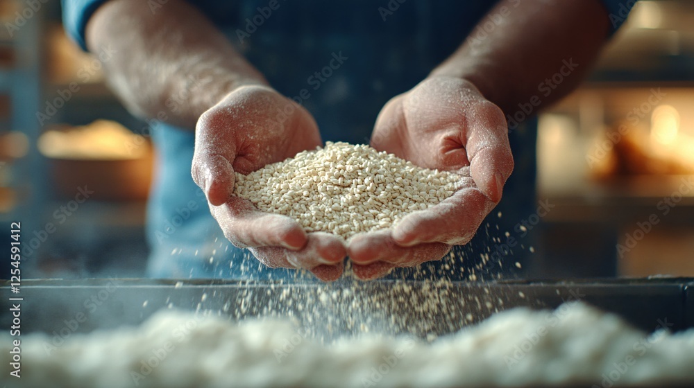 Poster hands holding grain with a soft light and a shallow depth of field in a bakery setting