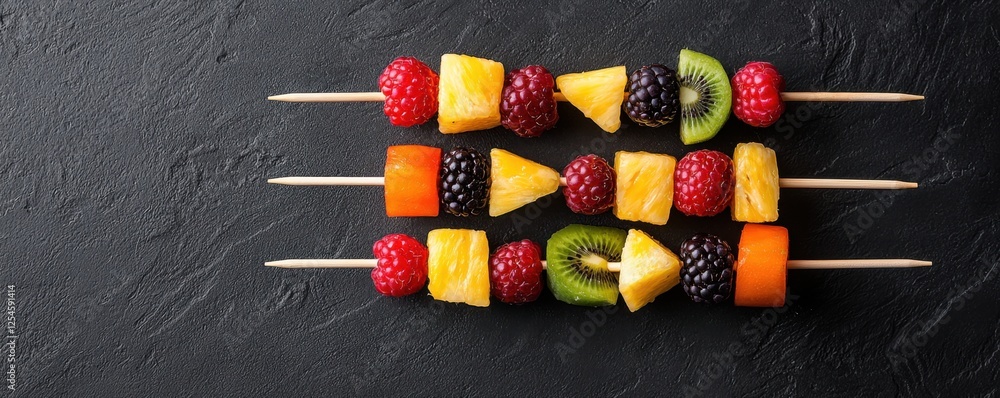 Poster vibrant fruit skewers featuring pineapple raspberry blackberry and kiwi chunks arranged in a minimal