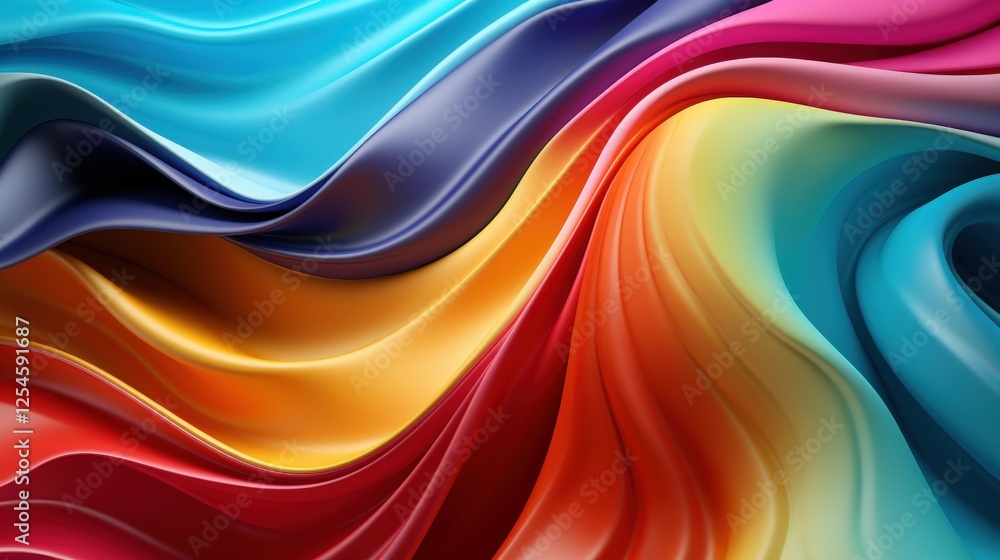 Poster Vibrant Wavy Satin Background with Colorful Layers in a Rainbow Palette Creating a Smooth and Glossy Texture for Creative Design Purposes