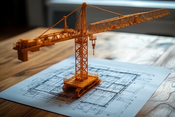 Construction Crane Model on Blueprint Architecture Engineering Design Building Industry Project