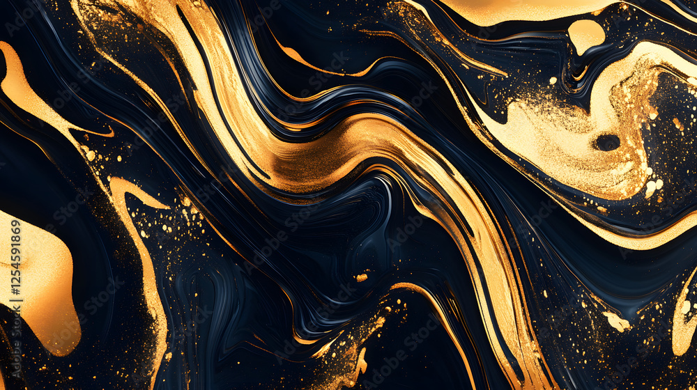 Poster black and gold abstract background with glowing elements and fluid shapes for creative design projec