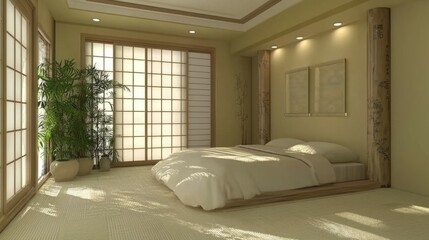 Serene Minimalist Bedroom with Natural Light and Japanese Design Elements