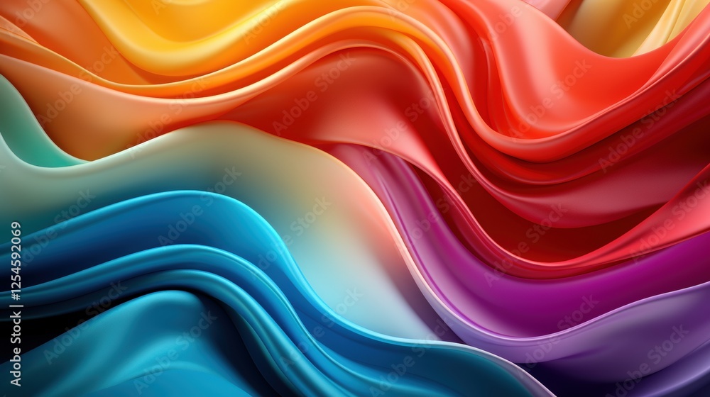 Poster colorful satin waves in rainbow gradient, smooth flowing patterns of soft textile fabric, ideal for 