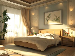 tranquil bedroom with soft lighting and wooden bed
