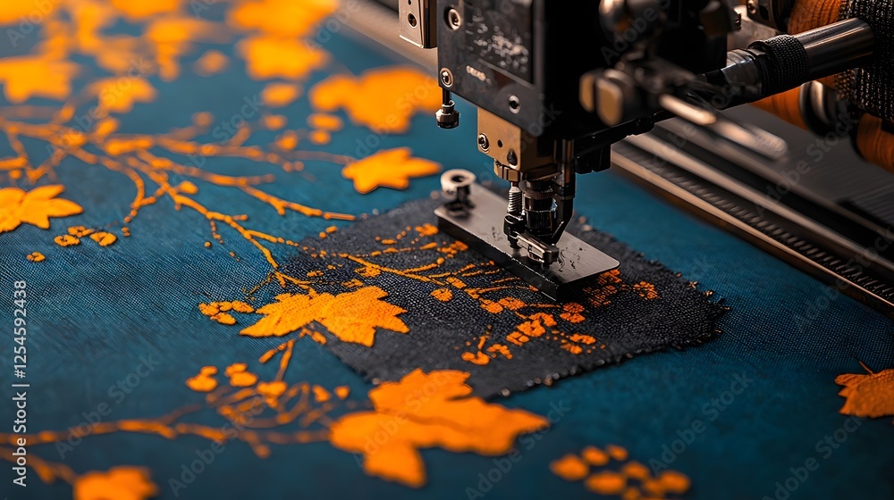 Aufkleber Large scale textile printing machine operating in a factory producing a range of colorful intricate fabric patterns for use in textiles clothing and other materials