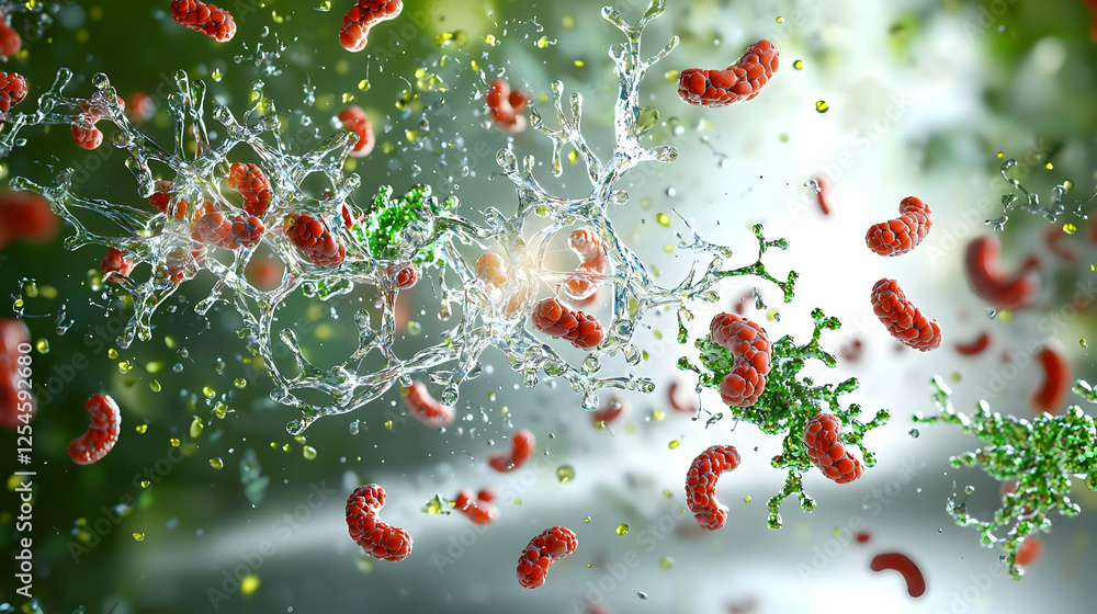 Aufkleber microscopic cellular interaction: abstract 3d rendering of bacteria in water