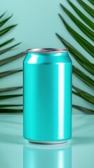 Obraz premium A sleek turquoise beverage can surrounded by tropical greenery, perfect for refreshing summer enjoyment.