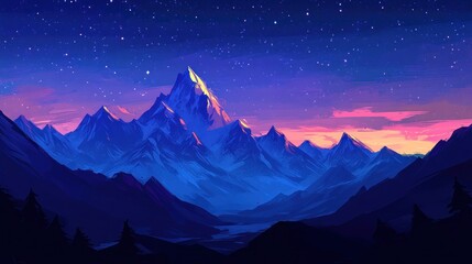 Majestic mountain range at sunset, starry night sky. Wallpaper, poster