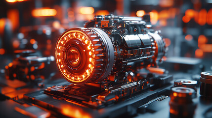 Engine with gearbox system disassembly and repair process, highlighting parts and machinery in a bright modern setting, symbolizing technical precision and mechanical work