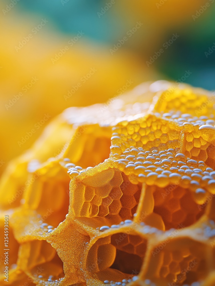 Poster close up view of a honey comb structure with water droplets and a soft blurred background
