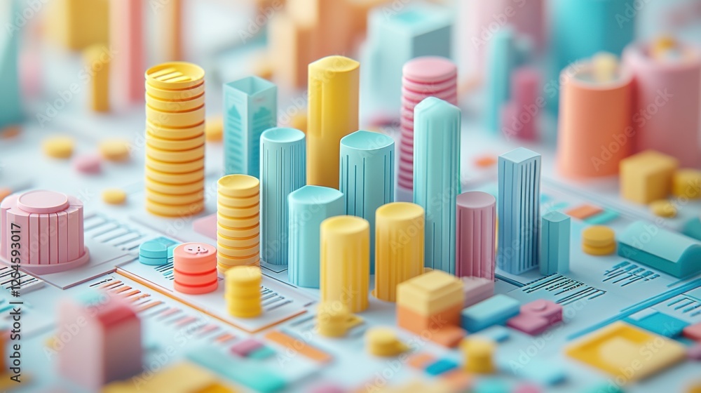 Poster a vibrant, colorful 3d representation of a data visualization with various geometric shapes resembli