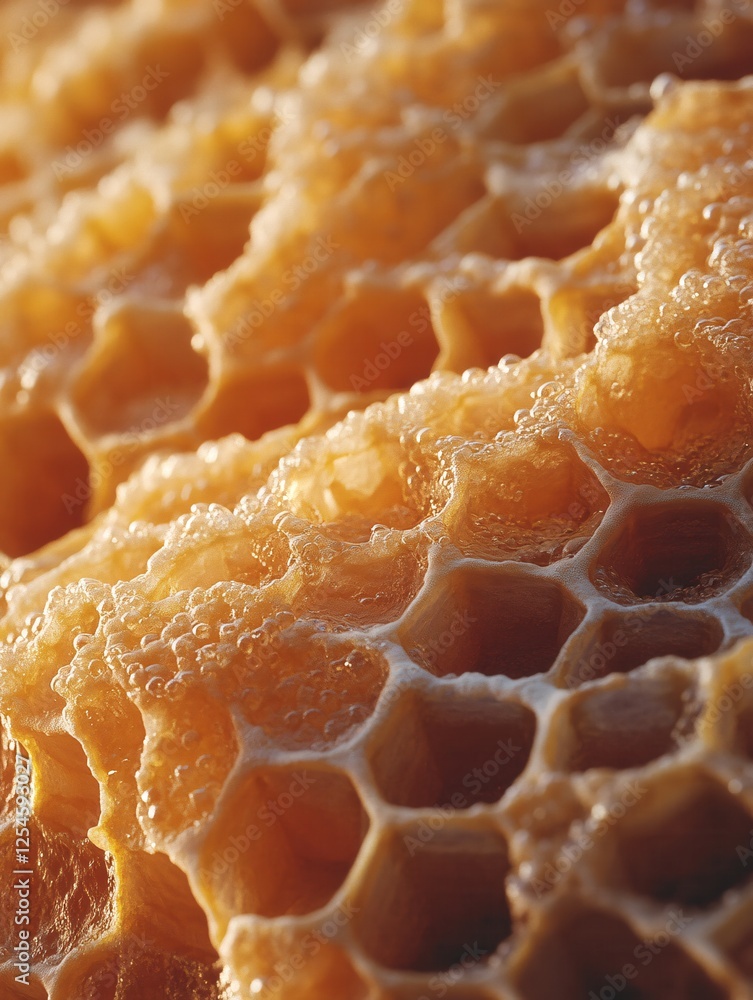 Poster honeycomb close up with liquid droplets showing natural texture and golden color in macro view