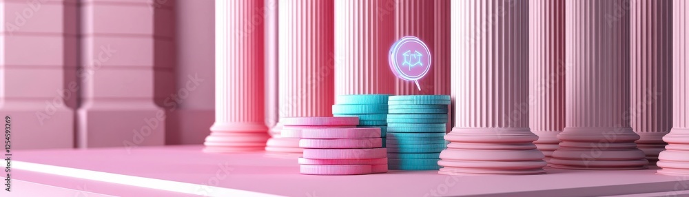 Poster a modern digital scene featuring colorful stacks of coins beside classical columns, creating a vibra