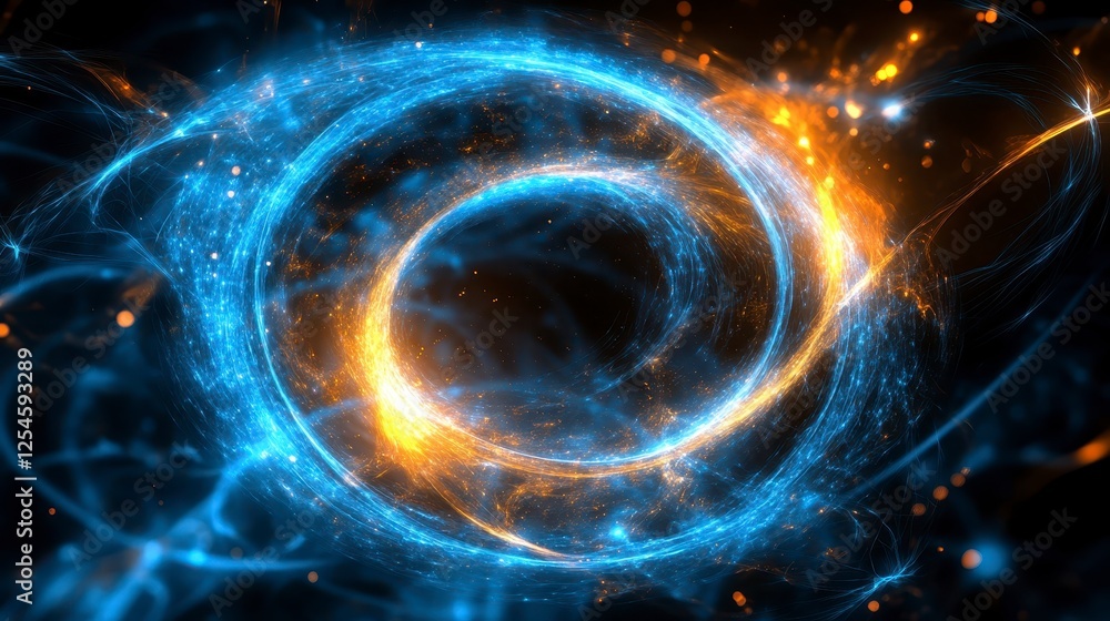 Poster abstract swirling circles of light and particles in blue and orange against a dark background, creat