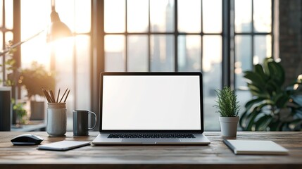 Fototapeta premium Laptop Workspace: Modern Office Setup
