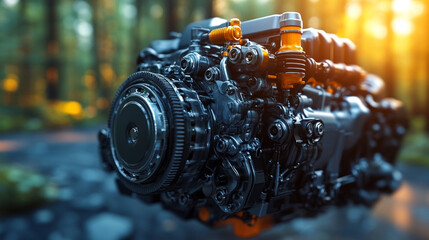 Engine with gearbox system disassembly and repair process, highlighting parts and machinery in a bright modern setting, symbolizing technical precision and mechanical work