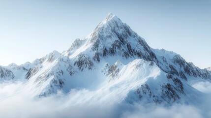 Obraz premium Majestic snow-capped mountain peak rising above clouds under a clear blue sky at dawn