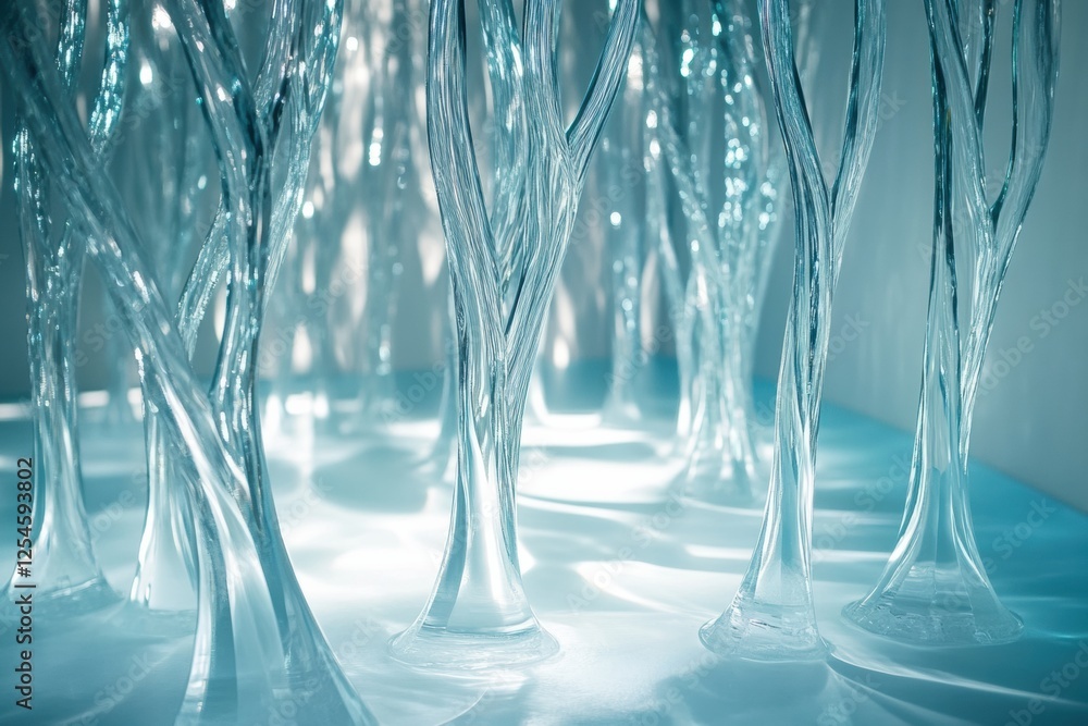 Poster glowing glass forest with abstract tree shapes creating enchanting reflections and a mystical atmosp