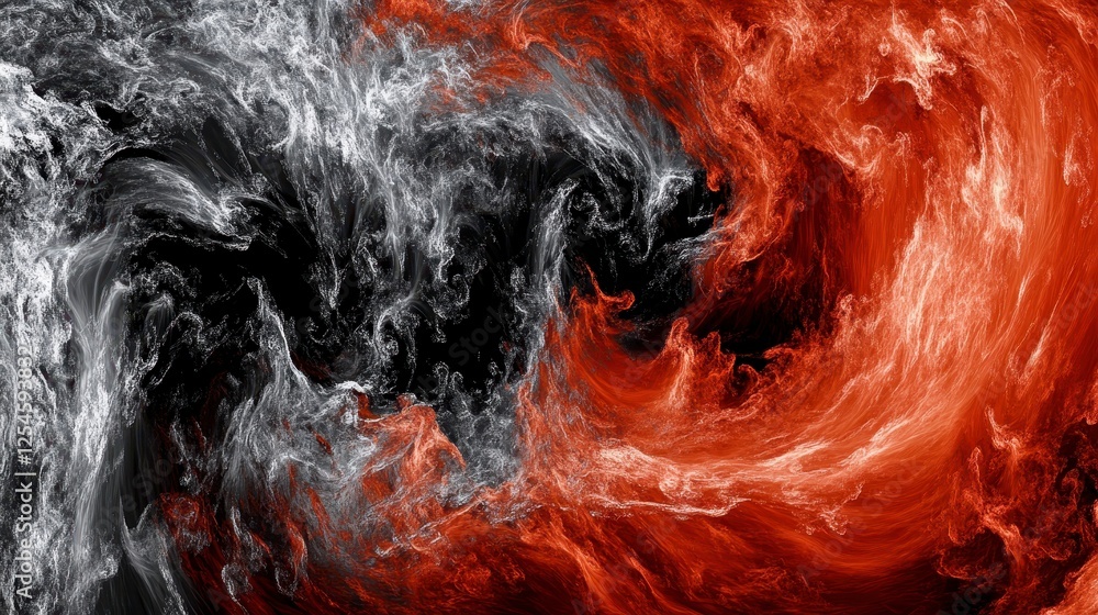 Poster abstract swirling patterns of white and red particles on a black background, dynamic and energetic d