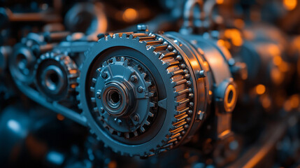 Fototapeta premium Engine with gearbox system disassembly and repair process, highlighting parts and machinery in a bright modern setting, symbolizing technical precision and mechanical work