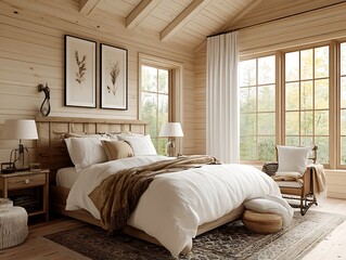 serene bedroom with plush textiles and wood paneling