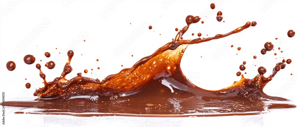 Poster chocolate splash with drops on a white background showing movement and fluidity of the liquid