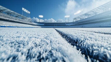 Frosty Sports Field View with Bright Stadium Lights and Blue Sky