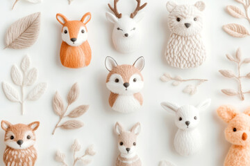 Whimsical forest animal figurines in soft pastel colors arranged with delicate leaf patterns