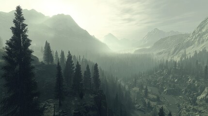 Misty Mountain Valley Viewed From Above Landscape Photography Illustration Landscape Photography Illustration Evergreens Mountain Range Panorama Viewpoint Digital Art Atmospheric Photography Forest