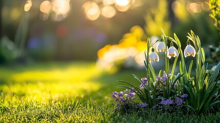 Fototapeta premium A tranquil garden with backlight illuminating the flowers, creating a dreamy spring background