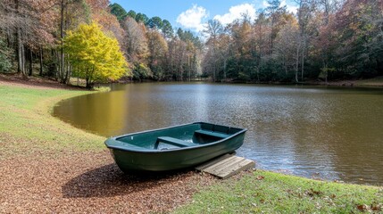 Obraz premium Dark green rowboat sits on the edge of a calm body of water, surrounded by autumnal trees, with fallen leaves on the ground. Sunny day with a clear