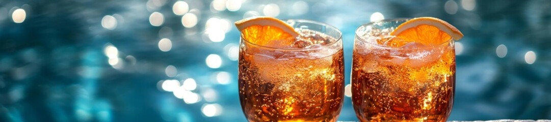 Refreshing cold drinks with ice and orange slices by the poolside. Generative AI