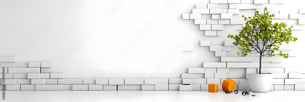 Fototapete Minimalist design with a clean white background featuring a simple geometric brick wall pattern and a potted plant creating a modern and elegant visual concept