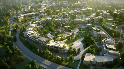 Aerial view of a modern residential community surrounded by lush greenery