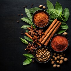 Exotic Thai seasonings and aromatics Aromatic spices and herbs arranged beautifully.