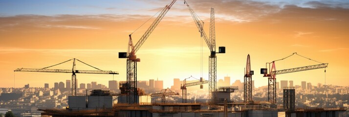 Obraz premium Cranes Tower Over Urban Construction Site at Sunset with Vibrant Colors and Cityscape Background