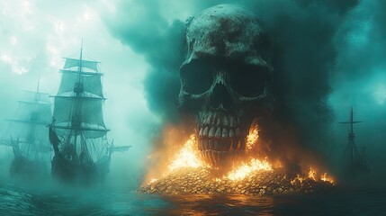 Dramatic scene of a colossal skull emerging from fiery treasure amidst ghostly ships in foggy waters