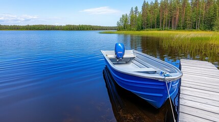 Obraz premium A blue boat on a calm lake with a peaceful forest backdrop on a sunny day. The water reflects the surrounding scenery