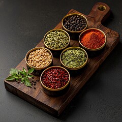 Spices on wooden board, colorful spices on wooden board, assorted spices on wooden board for culinary inspiration, Exotic Thai seasonings and aromatics Colorful spices arranged on a wooden board.