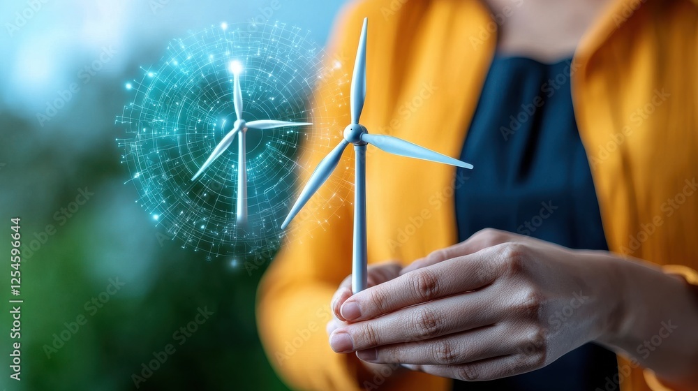 Poster renewable energy turbines with holographic data visualizing sustainable technology solutions for cle