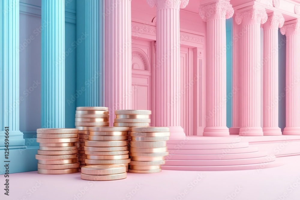 Poster a stylized financial setting featuring stacks of coins in front of pastel-colored columns, blending 