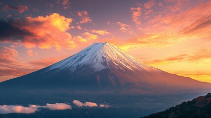 Fototapeta premium Majestic Mount Fuji at Sunset with Colorful Cloudy Sky