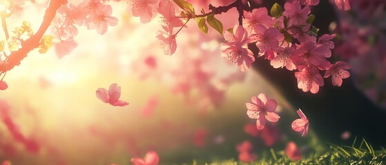 Spring theme background with blurred cherry blossom flower 