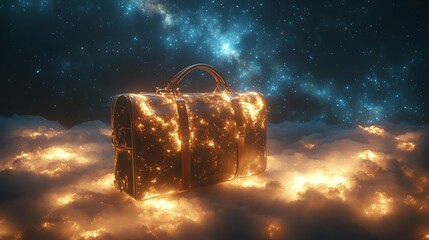 Magical travel bag levitating among radiant cosmic stars