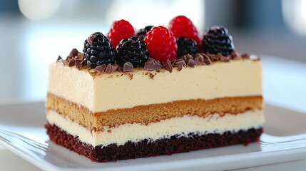 Close up view of a slice of dessert cake, layered with light cream, coffee soaked ladyfingers, and topped with fresh raspberries and blackberries