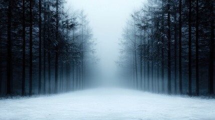 Fototapeta premium Snowy winter forest path, misty landscape, tranquil scene, potential use for nature wallpaper
