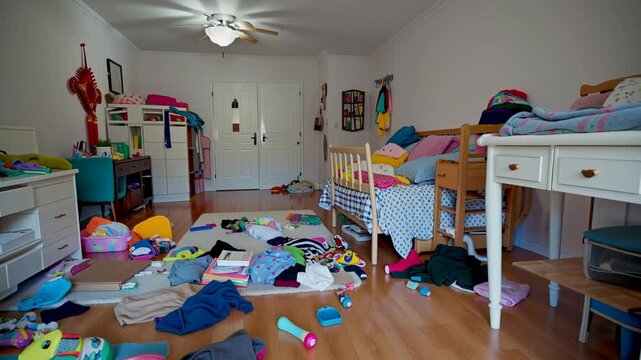 A messy kids room with all kinds of things scattered on the floor. Lots of clutter.