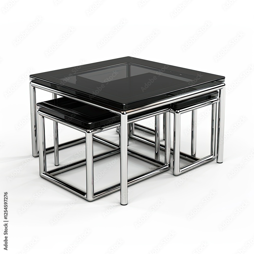Poster a set of modern nesting tables with a glass top and chrome frame, designed for versatile use. isolat