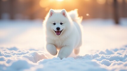 A fluffy Samoyed puppy races through fresh snow, its signature smile shining. The morning sun casts a golden glow, creating a perfect winter wonderland of joy and playfulness.